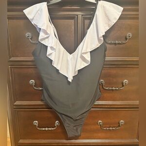 NEW Plunging Ruffled Black and White One Piece